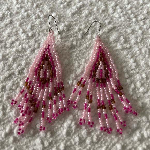 Pink Beaded Fringe Tassel Earrings • Multicolor Boho Tribal Dangle - Picture 2 of 4